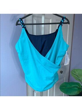 NWT H2O Tankini Top Navy + Light Blue Braided Strap Soft Bra Support Top Large